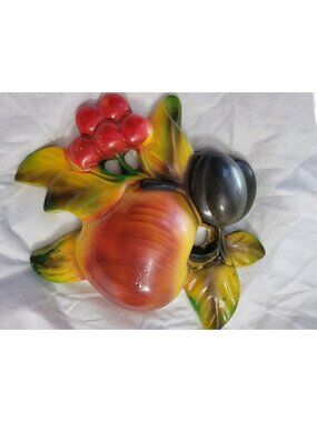 Lot 2 Chalkware Hanging Wall Plaques Kitchen Decor Fruits Vtg 1940s Kitschy
